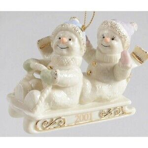 2001 Lenox Sledding Snowpals Christmas Ornament w/ Box 24K Gold MINT